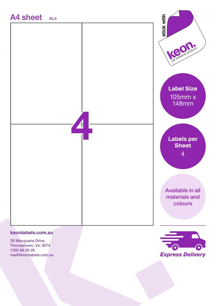 105mm x 148mm labels on an A4 label sheet template showing 4 labels per sheet