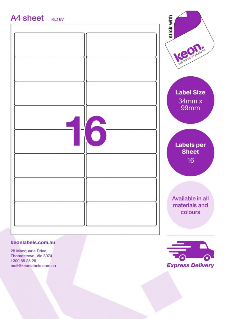 34mm x 99mm labels on an A4 label sheet template showing 16 labels per sheet
