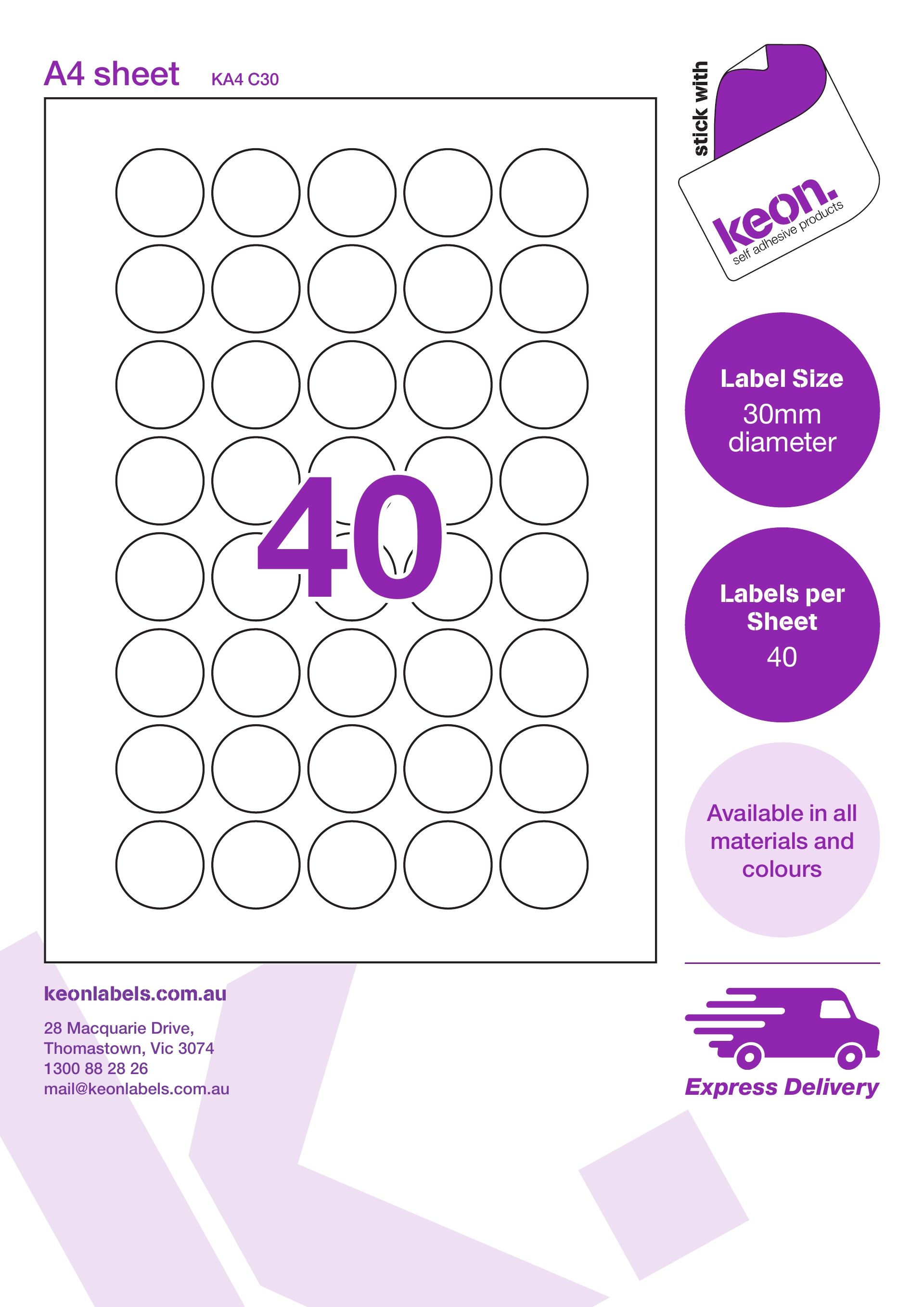 30mm Round Inkjet & Laser Printer A4 Sticker Sheet Labels